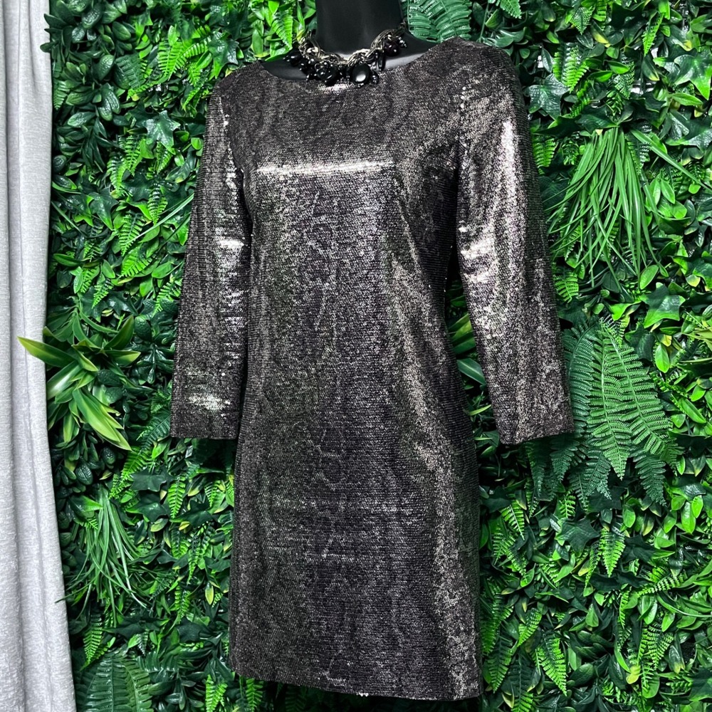 Tahari Dress Size 2P Gunmetal Bronze Sequin Snakeskin Shift‎  3/4 Sleeve 3944